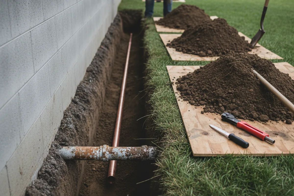 Excavated water line trench during Water Heater Repair in Felda